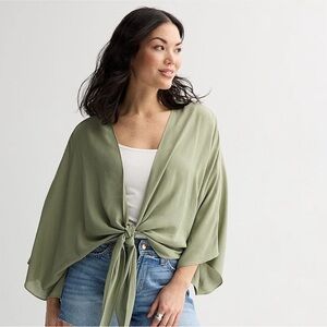 NWT Sonoma Tie Front Kimono Ruana Olive Green One Size - fits Size Large to 2X